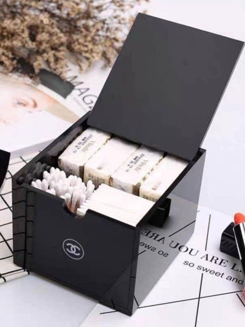 CHANEL Black Acrylic Cosmetic Organizer Makeup Tools Toiletries Storage Box